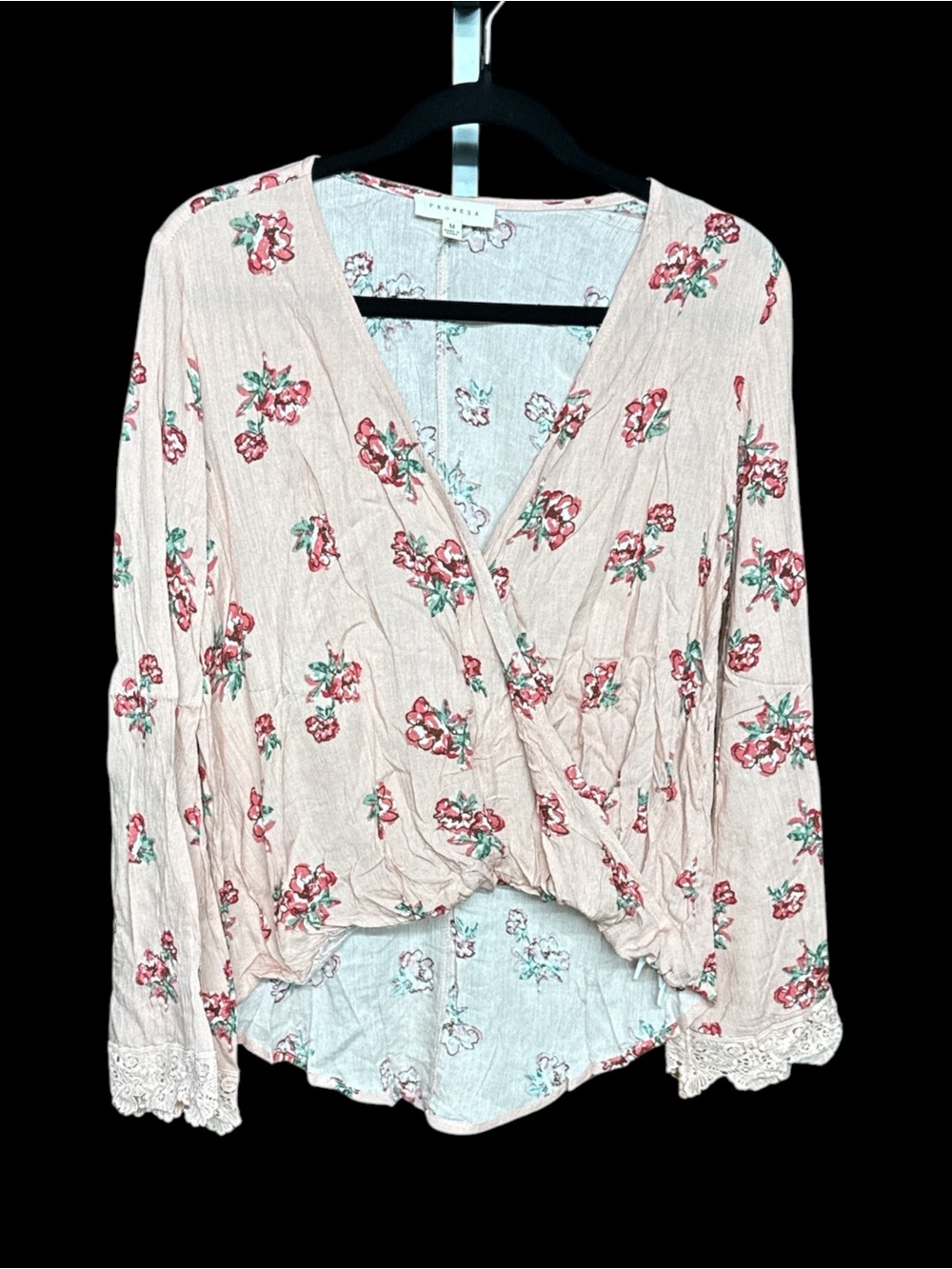 Promesa pink floral wrap blouse with lace trim on sleeves size M